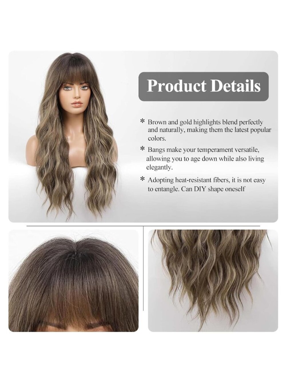 Women's Brown Heat Resistant Long Curly Wavy Synthetic Wig with Bangs Size 26In